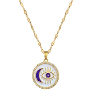 Gold stainless steel necklace featuring a round eye and moon enamel pendant with crystals