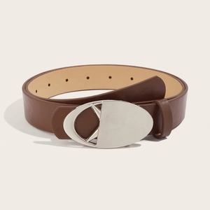 Brown leather belt for women featuring a silver oval metal buckle and adjustable holes
