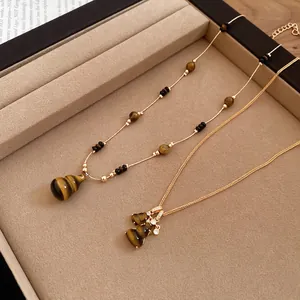 Vintage tiger eye stone gourd pendant necklace with elegant gold chain for women