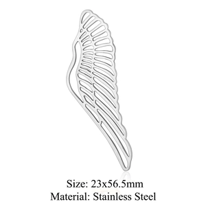 Detailed macro view of 23x56.5mm hollow angel wing pendant in polished stainless steel