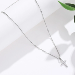 Silver stainless steel cross pendant necklace with sparkling white zircons for women