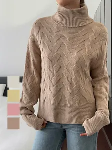 Women Turtleneck Sweater Knit Long Sleeve Cable Textured Loose Casual Pullover Drop Shoulder Ribbed Trim Acrylic Top