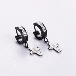 Minimalist black stainless steel cross hoop earrings with white crystals for men and women