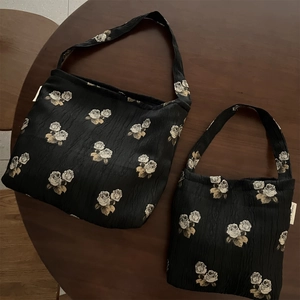 Women Rose Jacquard Pleated Canvas Shoulder Underarm Bag Retro Floral Handbag Tote