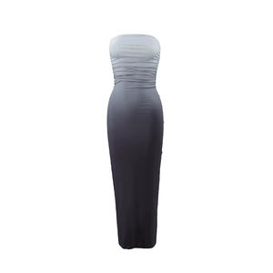 Detail of slim fit bodycon tube dress showing elegant gradient color and pleated texture