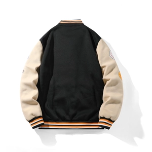 Men's retro baseball jacket with black body, cream sleeves, and back embroidery detail