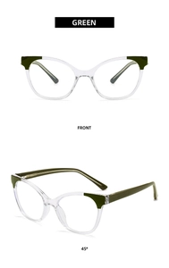 Front and 45-degree angle views of vintage green cat-eye blue light blocking glasses