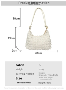 Detailed size specifications for the white puff pleated shoulder bag with PU texture