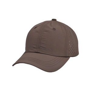 Detail of dark brown quick-dry baseball cap featuring laser-cut breathable mesh panels