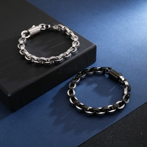 Bracelets à maillons ovales en acier inoxydable minimalistes en argent et noir-argent