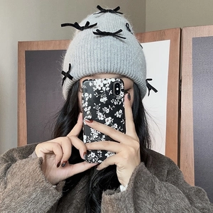 Gray knitted rabbit fur hat with black velvet bows for women winter warm headwear
