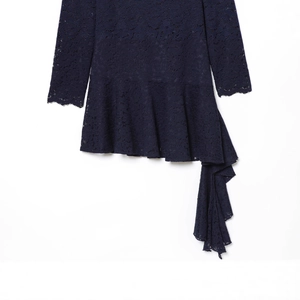 Dark blue lace midi dress with stylish layered ruffle design and asymmetric hemline