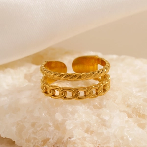 Double-layered 18K gold-plated adjustable ring featuring rope and curb chain textures