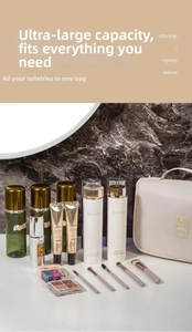 Large beige travel toiletry bag with handle and Travel label showing ample inner storage