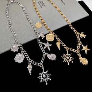 Alloy Rhinestone Charm Necklace With Sun Starfish Conch Turtle Pendants For Women Vacation Bohemian Style Jewelry