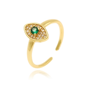 Adjustable gold open ring featuring a green gemstone eye design with cubic zirconia