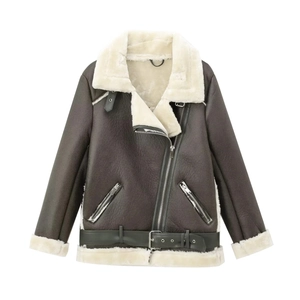 Brown faux leather reversible aviator jacket with white faux fur lining and buckle belt