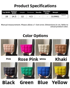 Detailed size chart and multi-color options for quilted mini makeup bag clutch