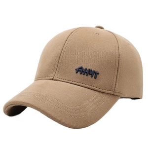 Brown fleece lined winter baseball cap with blue AHYT embroidery on white background