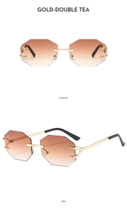 Detail view of rimless octagonal sunglasses with gold claw accents and gradient tea lenses
