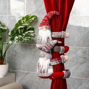Festive Christmas gnome curtain tiebacks with red and grey plaid knit hats and plush beards