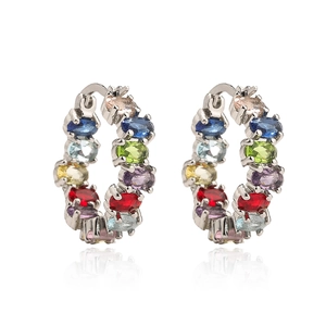 Chic silver hoop earrings with multi-colored zircon stones in a geometric design