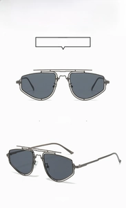 Front and 45-degree angle view of modern geometric gunmetal sunglasses with grey lenses