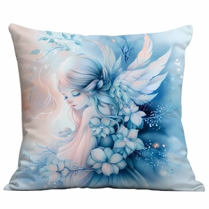 Detail of blue fairy wings and icy floral patterns on decorative square pillow case