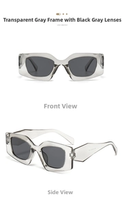 Detail of translucent gray geometric sunglasses with wide temples and model number