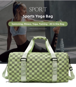 Detail of a green checkered sports gym bag with handles for yoga and travel use