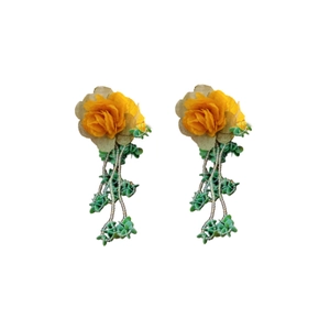 Elegant fabric flower earrings with green bead tassels and sterling silver pins