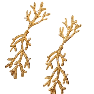 Bracelets vintage plaqués or 18 carats en acier martelé style branche avec perles blanches