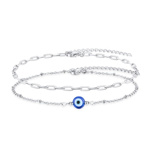 Detail of paperclip chain and blue evil eye bead bracelet set with lobster clasp