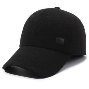 Classic black winter baseball cap for men with ear protection and warm wool-like texture