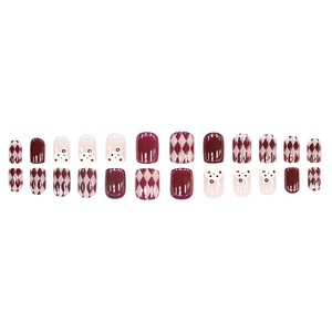 24-delige set kunstnagels met cartoon konijn en bordeauxrode ruitjes in diverse maten