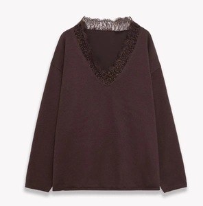 Detail of dark brown V-neck knit sweater featuring delicate translucent lace trimming