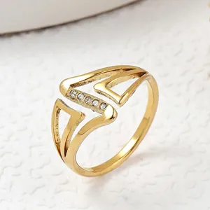 Stainless Steel Geometric Triangle Cutout Ring With Rhinestone Pave Gold Silver Color Fashion Jewelry For Women