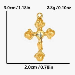 Detailed dimension guide for golden cross heart pendant with metrics and weight info
