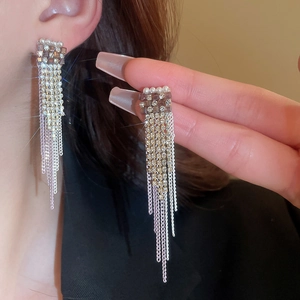Macro view of long sparkling zircon tassel earrings with shiny rhinestones and silver finish