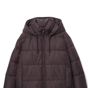 Women's warm hooded quilted jacket in dark brown chocolate color with full zipper closure