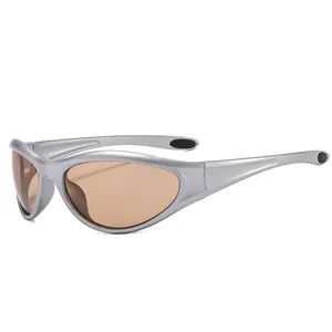 Futuristic silver Y2K sports sunglasses with brown lenses and sleek wrap-around frame