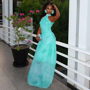 Halter neck sleeveless maxi dress in turquoise marble print for beach vacation