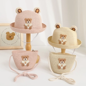 Kids Summer Straw Hat And Crossbody Bag Cute Bear Ears Patch Sun Protection Breathable Outdoor Beach Travel For Boys Girls