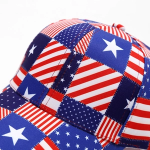 Detail of union jack flag patchwork on baseball cap with red stripes and white stars