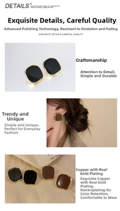 Detail of square vintage stud earrings in black and brown with gold plating