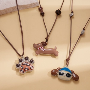 Chic leather sweater chain with cute cartoon puppy pendants and adjustable braided rope