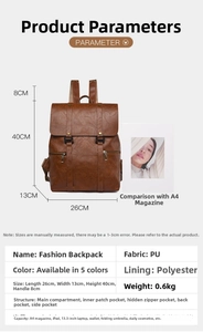 Brauner Retro-Rucksack Größendiagramm mit 40 cm Höhe und A4-Magazinvergleich