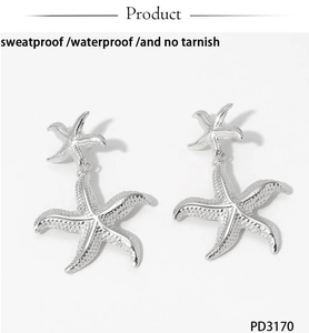 Detailed view of silver double starfish earrings with textured finish and waterproof metal