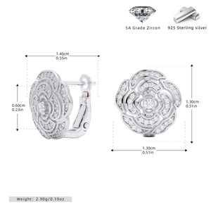 Macro detail of S925 silver camellia earrings with zirconia and size measurements