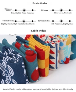 Detailed chart showing elasticity and cotton blend texture for patterned crew socks